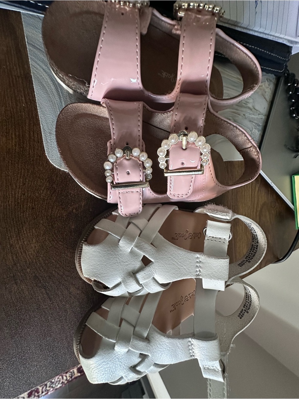 Cat & Jack Pink Pearl Buckle Sandals and White Woven Strap Sandals size 5